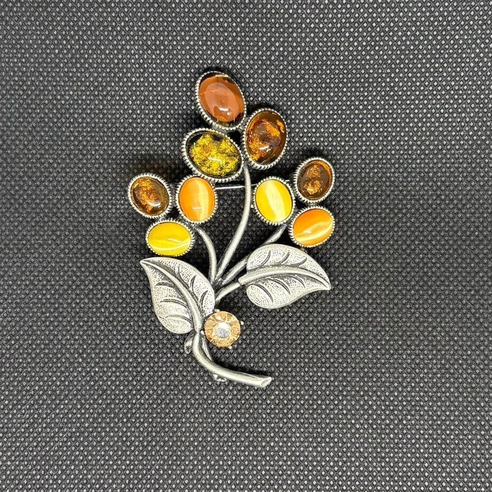 Somo Vintage Floral Branch Brooch | Amber & Citrine Tones |Brushed Silver Metal